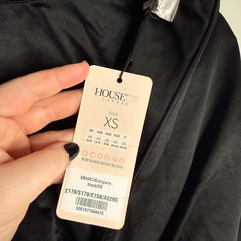 House of CB NEW Women's XS Black Giorgiana Satin Ruched Long Sleeve Mini Dress - Picture 6 of 7